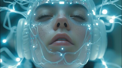 Poster - Human with a brain chip on the headset, telepathy, in the style of futuristic themes, light white and cyan, solarizing master. Generative AI.