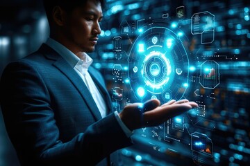 Wall Mural - Intelligence and Automated machine learning language blue digital user interface with businessman hand background. Cybersecurity computer vision metaverse twin drive business. Generative AI.