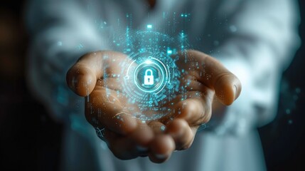 Aufkleber - Security guard showing safety system, icon, hand, key, hologram white background. Generative AI.