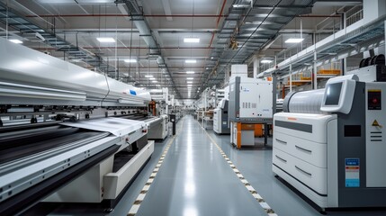 Poster - The production floor of a big digital printing company with large print machines printing packaging designs. Generative AI.