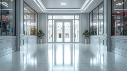 Poster - Realistic interior close up shot of a vestibule with double door of a Store. Generative AI.