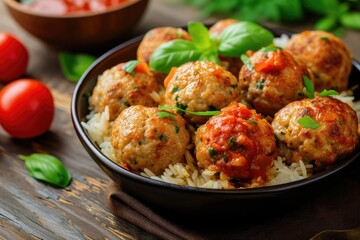 Wall Mural - Delicious homemade chicken or turkey meatballs with rice, vegetable and tomato sauce.