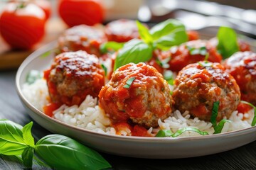 Wall Mural - Delicious homemade chicken or turkey meatballs with rice, vegetable and tomato sauce.