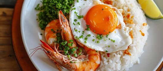 Poster - Seafood, rice, and a fried egg presented on a white plate.