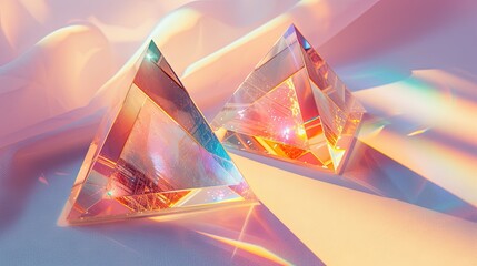 two triangle shaped crystals on a white, in the style of playful compositions, photobashing, multi-layered compositions, shiny/glossy, scattered composition, repetitive, subtle surface decoration