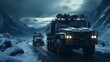A convoy of AI-driven supply trucks, navigating a treacherous snowy terrain, as they transport vital equipment to a remote military outpost in a strategic Arctic region