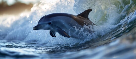 Wall Mural - The close-up photo showcases the dolphin's movements and features, as it emerges from a wave and creates a splash.