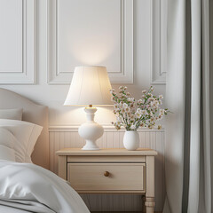 Wall Mural - Nightstand with lamp and flowers in the light bedroom. Home interior in Scandinavian style.