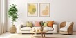 Bright and sunny living room with a mock up poster frame, round wooden coffee table, beige sofa, rattan commode, dried flower vase, colorful carpet, and personal accessories. Home decor template.