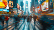 Times Square Hustle: Pedestrians and Blurred Traffic Amidst Glowing Billboards