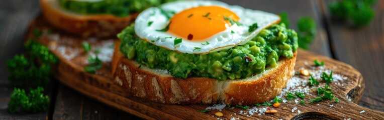 Wall Mural - Sandwich with avocado, egg and parsley on a wooden background. Banner.