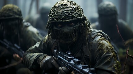 Wall Mural - Close-up of a sniper team with ghillie suits, blending seamlessly into their surroundings