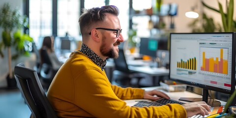 Aufkleber - Focused professional analyzing data on computer screen in modern office. casual business style. AI
