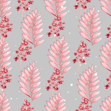 Seamless Pattern With Berries And Abstract Leaves. Pattern From Multi-colored Elements. For Printing, Printing On Fabric, Sportswear