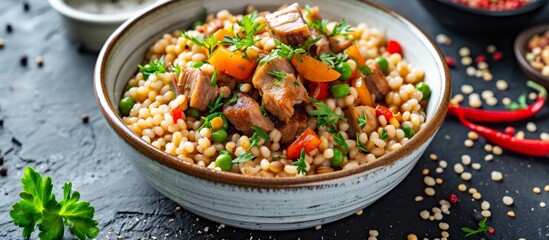 Canvas Print - Tasty pork and vegetable barley salad.