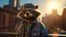 Envision A Fashionable Raccoon In A Denim Jacket, Accessorized With A Beanie Hat And A Messenger Bag. Against A Backdrop Of City Skylines, It Exudes Urban Flair And Street-smart Charm. The Vibe: Casua