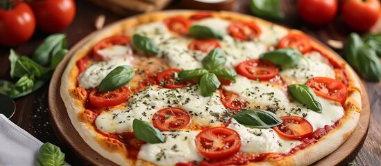 Canvas Print - Margherita pizza topped with tomatoes, Gauda cheese, and mozzarella.