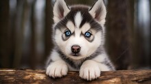 A Proud Husky Pup With Striking Blue Eyes And A Fluffy Coat.