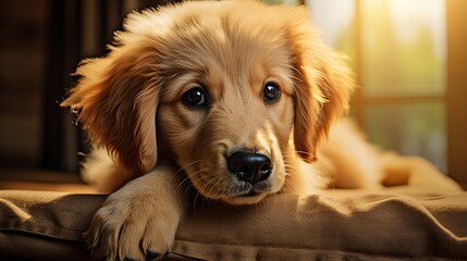 Sticker - A fluffy golden retriever puppy with big puppy eyes and a wagging tail.