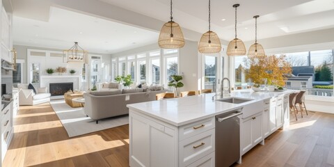 Luxurious new home with hardwood floors, two farmhouse sinks, and white cabinets in the kitchen.