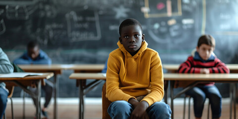 Wall Mural - Groupmates bullying at sad African-American boy in school classroom, upset and stressed male student bullied by classmates in college. Being different standing out of crowd discrimination concept