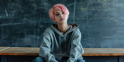 Wall Mural - Confident teenage boy with pink hair in school classroom.Male student sitting in empty room in college. Being different standing out of crowd discrimination self-expression concept