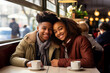 First love relationship sensuality tenderness concept. Young smiling African American teenage couple boyfriend girlfriend in romantic mutual love on date in cafe restaurant