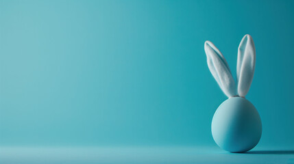 Poster -  a blue egg with a white rabbit's head sticking out of it's side on a blue background.