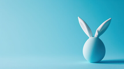 Poster -  a blue easter egg with a white bunny's head sticking out of it's side on a blue background.