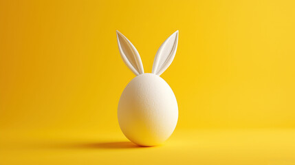 Poster -  a white egg with a white bunny's ears sticking out of it's side on a yellow background.