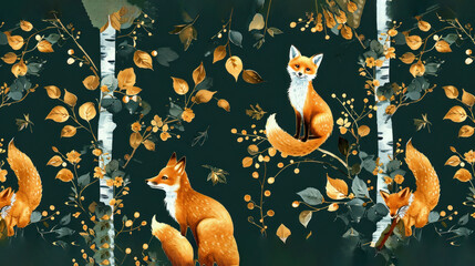 Canvas Print -  a painting of a fox sitting on top of a tree next to a forest filled with oranges and leaves.