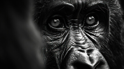 Poster -  a close up of a monkey's face with a black and white photo of the gorilla's face.