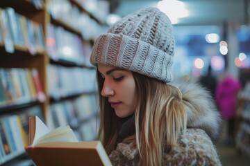 Wall Mural - Woman wearing knit hat reading book at bookstore