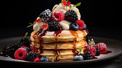 Wall Mural - Pancake tower with ice-cream and berries