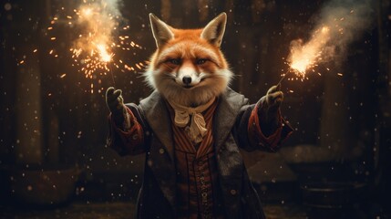 Poster - A fox magician creating bursts of tiny fireworks with a magical gesture.