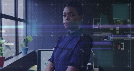 Sticker - Image of data processing over african american businesswoman in office