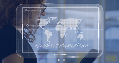 Poster - Image of data with world map over caucasian businesswoman with tablet