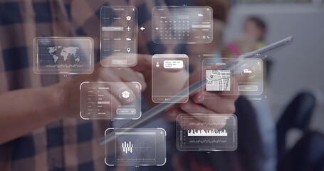 Poster - Image of data on screens over caucasian businessman with tablet