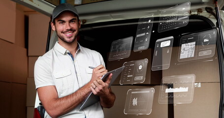 Poster - Image of data processing on screens over caucasian delivery man and cardboard boxes