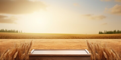 Shavuot-themed design and product display with empty wooden podium on wheat field background.