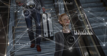 Poster - Image of network of connections over caucasian businessman reading flyer
