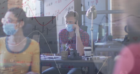 Poster - Image of statistics recording over team of colleagues in office wearing face masks