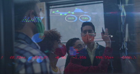 Poster - Image of statistics recording over people in office wearing face masks