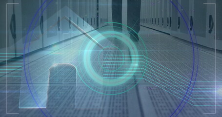 Poster - Image of scope scanning over man walking in tech room with computer servers in background
