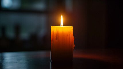 Canvas Print - Illuminated orange candle on a dark wooden surface with a warm glow, concept of tranquility, meditation, or memorial remembrance