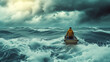 Person in yellow jacket rowing a small boat on tumultuous stormy sea, concept of challenge and perseverance