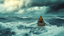 Person In Yellow Jacket Rowing A Small Boat On Tumultuous Stormy Sea, Concept Of Challenge And Perseverance