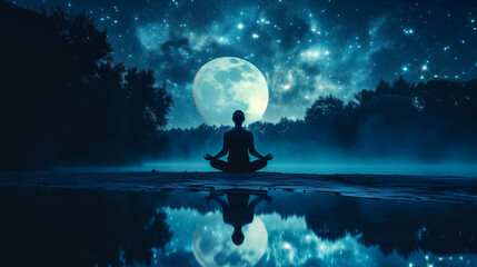 Sticker - Silhouette of a person meditating by a serene lake under a starry sky with a full moon, reflecting on water, conveying peace and mindfulness