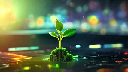 Glowing plant growing on computer chip representing digital ecology business and blurred background	