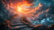 Mystical ancient stone staircase ascending through vibrant cloudscape towards a radiant sunset, symbolizing journey, aspiration, or enlightenment concepts, Easter